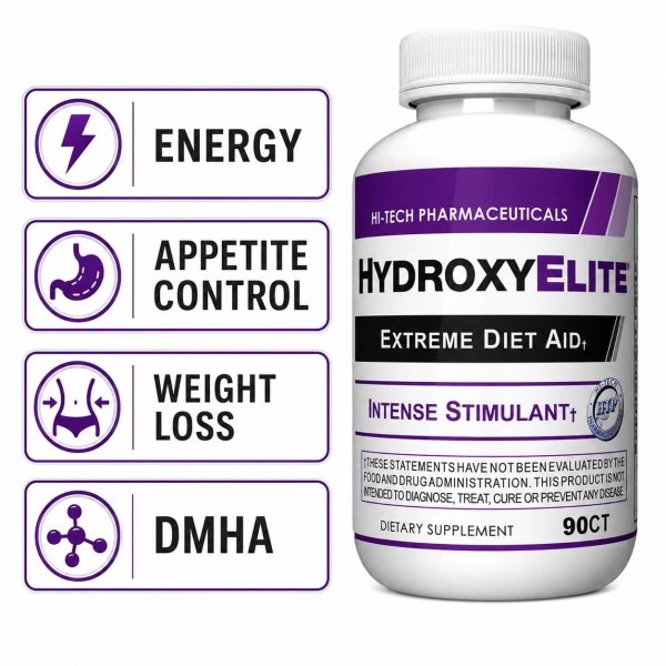 HydroxyElite Extreme Diet Aid 90-count bottle by Hi-Tech Pharmaceuticals displayed alongside four key benefit icons: Energy (lightning bolt), Appetite Control (stomach icon), Weight Loss (waistline icon), and DMHA (molecular structure icon)